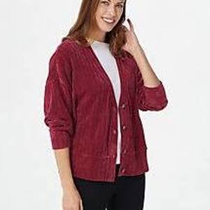 lot 56836 image: Anybody Chenille Button-Front Cardigan with Rib Trim (Deep Berry, Small)