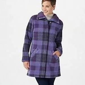 lot 56837 image: Denim & Co. Plaid Print Sherpa Lined Fleece Zip & Snap Front Co (Purple, X-Large)