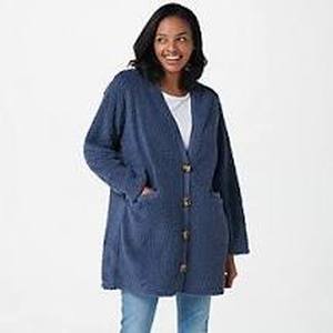 lot 56838 image: Koolaburra by UGG Cozy Sherpa Cardigan Plush with Rib Trim (Dusty Blue, Size 1X)
