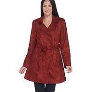 lot 56840 image: Dennis Basso Printed Faux Suede Belted Trench Coat (Red, Size 1X)
