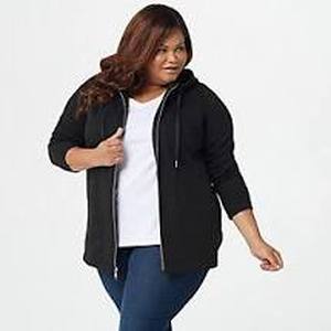 lot 56842 image: Isaac Mizrahi Live Zip-Front Peplum Hoodie (Black, Small)
