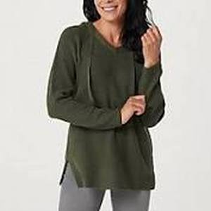 lot 56689 image: LOGO by Lori Goldstein V- Neck Sweater with Hood Kalamata - Large