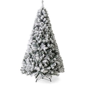 lot 56971 image: 7.5ft Snow Flocked Hinged Artificial Christmas Pine Tree Holiday Decor w Metal Stand, Green