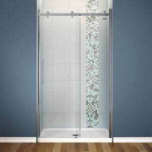 lot 16628 image: MAAX Halo 36 in. x 48 in. x 81-34 in. Frameless Sliding Shower Kit with Center Drain Base in White, Grey