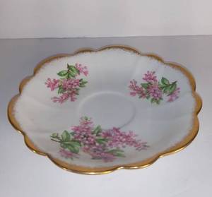 lot 2704 image: Bone Kent China Porcelain Saucer - Pink flower Design With Gold Toned Rim - Made In England
