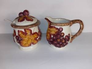 lot 2705 image: Ceramic Sugar And Creamer Set - Fall Design With Leaves And Berries - Made In China