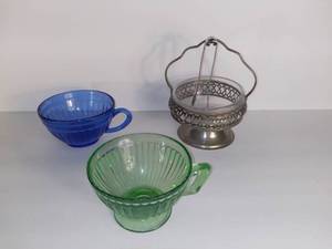 lot 2707 image: Lot Of 3 Items - Metal Plated Sugar Cube Stand With Glass Dish And Tongs Made In England - 2 Replica Made Tea Cups One Blue And One Green