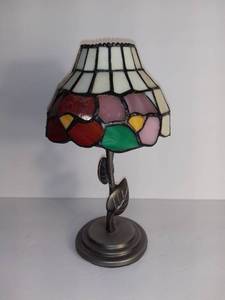 lot 2722 image: Small Tiffany Style Lamp Like Candle Holder - 8.5 Inches Tall - Small Fracture As Pictured