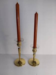 lot 2734 image: Pair Of Gold Toned Candle Stick Holders With Candle Sticks - Glass Wax Drip Trays -