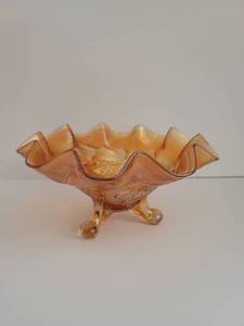 lot 251 image: Dugan Cherries Carnival Glass Marigold Iridescent Luster 3 Footed Ruffled Bowl