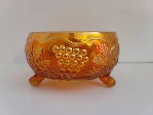 lot 255 image: Fenton Marigold Carnival Glass Bowl Three Footed Grape And Cable