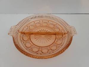 lot 260 image: Pink Depression Glass Divided Candy Dish #14 - Small Chip see Photos