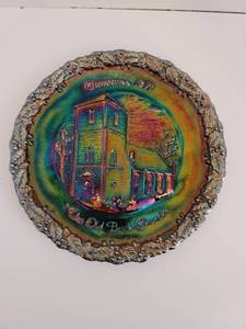 lot 267 image: 1971 FENTON AMETHYST CARNIVAL GLASS CHRISTMAS PLATE #2 THE OLD BRICK CHURCH