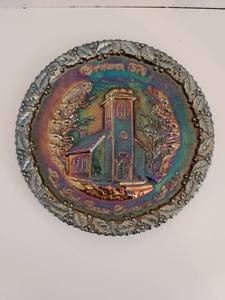 lot 268 image: 1970 FENTON AMETHYST CARNIVAL GLASS CHRISTMAS PLATE #1 THE LITTLE BROWN CHURCH