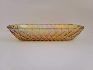 lot 270 image: Marigold Glass Oblong Dish Scalloped Edges Basket Weave Lattice Pattern