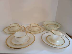 lot 2505 image: 15 Piece Anchor Hocking Fire King Demitasse Tea Cup Saucer Milk Glass Gold Trim