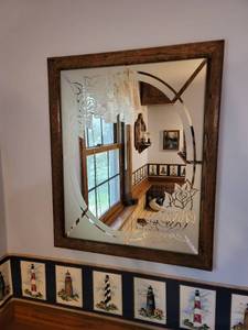 lot 2622 image: Frosted Glass Wooden Rose Mirror