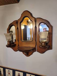 lot 2623 image: Wooden Scone Mirror and Candle Wall Shelf