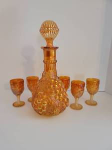 lot 3536 image: Imperial Grape Carnival Glass Decanter, Stopper w 5 Cordial Glasses Marigold