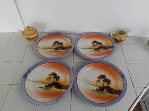 lot 3703 image: Chikaramachi Lusterware Snack Plates and Windmill Cream and Sugar Set