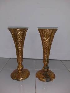 lot 3707 image: Pair of Small Metal Vases With Grape Design