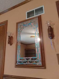 lot 4504 image: Silkscreen Mirror With Wood Frame and 2 Candle Sconces