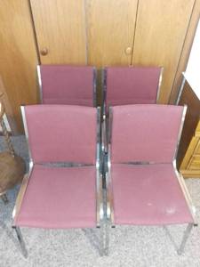 lot 4531 image: Set if 4 Burgundy Metal Frame Stacking Chairs