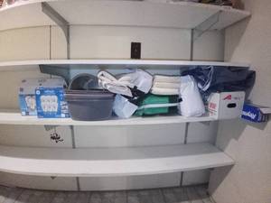 lot 7004 image: Shelf Lot Of Assorted Items Plastic Wash Tubs,Adult Diapers And More