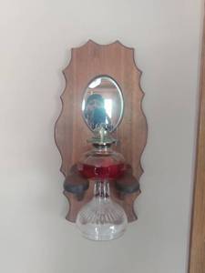 lot 7202 image: Vtg Wooden Kerosene Lamp Wall Display w Kerosene Lamp and Mirror