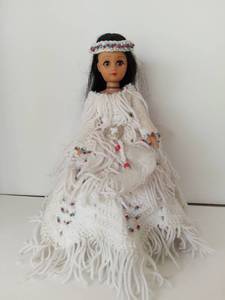 lot 5157 image: Vintage Barbie Style Native American Doll with White Crocheted Dress