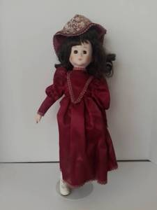 lot 5158 image: Vintage Porcelain Doll with Burgundy Dress