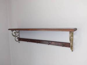 lot 5020 image: Wood and Brass Wall Shelf HatCoat Rack