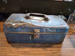 lot 1201 image: Small Blue Dented Tool Box with Mega Lot of Drill Bits and Wood Working Tools. . Chuck Keys and More