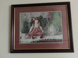 lot 4014 image: Framed Artwork of Doll and Teapot