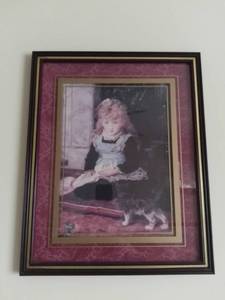 lot 4015 image: Framed Artwork of Little Girl With Cat