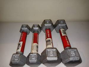 lot 7008 image: Lot Of 2 Sets Of Cast Iron Dumbbells 3 And 5 Pounds