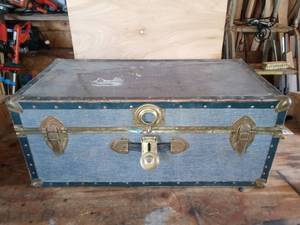 lot 1633 image: Blue Trunk With Denim Pattern With A Mega Lot Of SewingCrafting Material