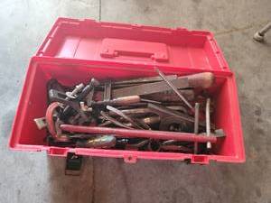 lot 7206 image: Red Pland Toolbox with Misc Shop Tools