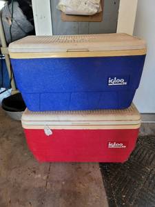 lot 9008 image: Lot of 2 Igloo Red and Blue Coolers