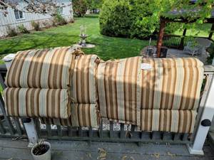 lot 9011 image: Lot of 4 Outdoor Cushions with Brown and Blue Stripes
