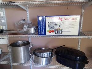 lot 9215 image: Kitchen Lot. Foley Food Mill Enamel Pot Stock Pot
