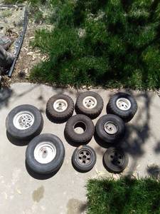 lot 1035 image: Lot of 9 Various Wheelbarrow, Trailer, Dolly, or Lawn Mower Replacement Shop Tires