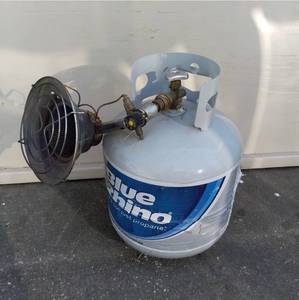 lot 9232 image: Half Full Blue Rhino Propane Tank With Mr. Heater Attachment