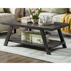 lot 8939 image: Roundhill Athens Contemporary Replicated Wood Shelf Coffee Table In Charcoal Finish