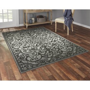 lot 9420 image: Mainstays India Medallion Textured Print Area Rug and Runner Collection, Gray Tonal, 2.6x3.10