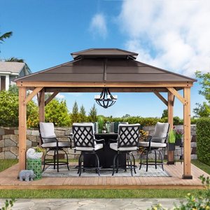 lot 3563 image: Sunjoy Cedar Framed Gazebo with Brown Hip Roof- Retail$1954.99