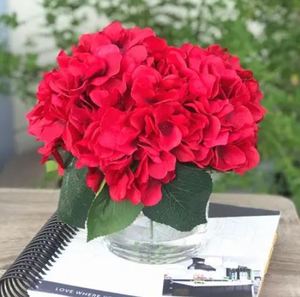 lot 9444 image: Enova Home Red Silk Hydrangea Flower Arrangement In Clear White Vase With Faux Water For Home Wedding Centerpiece