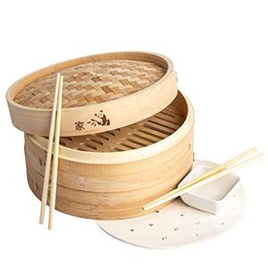 lot 47694 image: Prime Home Direct 10 inch Bamboo Steamer Basket, 2 Tier Food Steamer, Natural Bamboo Dumpling Steamer with Lid contains 2 Pair of Chopsticks, 1 Sauce Dish & 50 Wax Papers Liners - Steam Cooker