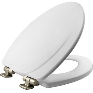 lot 47727 image: Mayfair 1830NISL 000 Will Slow Close and Never Come Loose Toilet Seat, 1 Pack - ELONGATED, White - Brushed Nickel Hinges