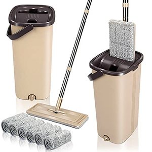 lot 47745 image: Squeeze Flat Floor Mop and Bucket Set with 6 Microfiber Mop Pads Refills Easy Self-Wringing Cleaning Mop Bucket Wet and Dry Use for Hardwood Laminate Tile Ceramic Marble Floors Cleaning